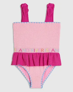 Mini Girls Pink Textured Elastic Swimsuit