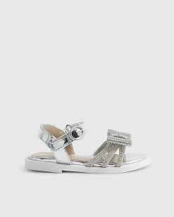 Mini Girls Silver Diamante Bow Sandals