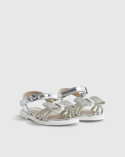 Mini Girls Silver Diamante Bow Sandals