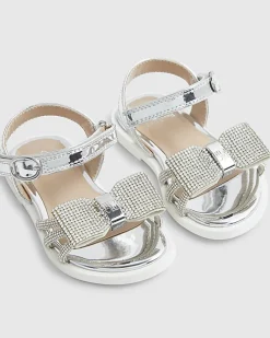 Mini Girls Silver Diamante Bow Sandals