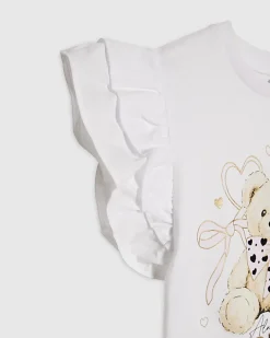 Mini Girls White Bear Frill Sleeve T-Shirt