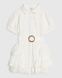 Mini Girls White Broderie Belted Shirt Dress