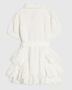 Mini Girls White Broderie Belted Shirt Dress