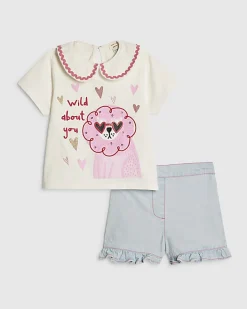 Mini Girls White Collar T-Shirt Denim Set