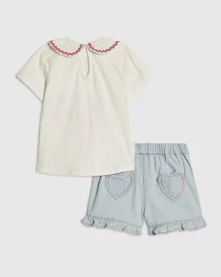 Mini Girls White Collar T-Shirt Denim Set