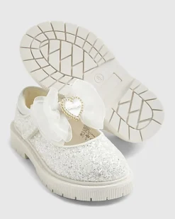 Mini Girls White Glitter Bow Mary Jane Shoes