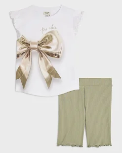 Mini Girls White Gold Bow Graphic T-Shirt Set