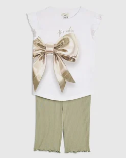 Mini Girls White Gold Bow Graphic T-Shirt Set