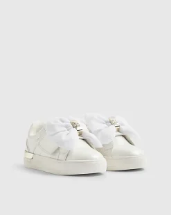 Mini Girls White Monogram Velcro Bow Trainers