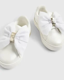 Mini Girls White Monogram Velcro Bow Trainers