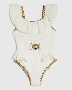 Mini Girls White Shell Textured Belt Swimsuit