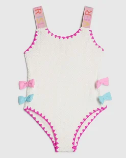 Mini Girls White Textured Bow Swimsuit