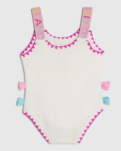 Mini Girls White Textured Bow Swimsuit