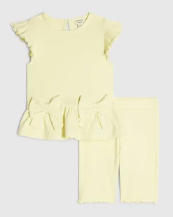 Mini Girls Yellow Peplum Bow Rib Shorts Set