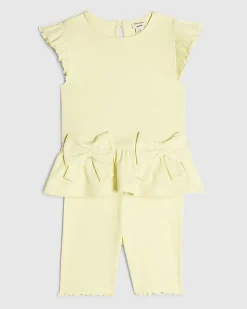 Mini Girls Yellow Peplum Bow Rib Shorts Set