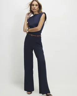 Navy Belted Straight Leg Trousers
