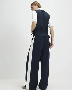 Navy Colour Blocked Wide Leg Trousers