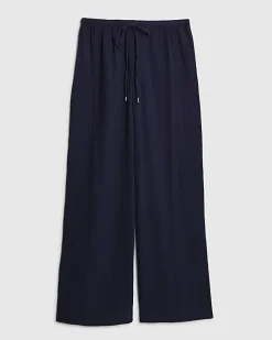 Navy Crinkle Drawstring Wide Leg Trousers