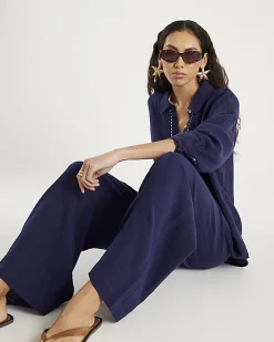 Navy Crinkle Drawstring Wide Leg Trousers