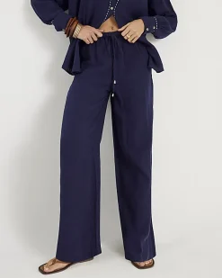 Navy Crinkle Drawstring Wide Leg Trousers
