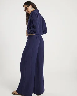 Navy Crinkle Drawstring Wide Leg Trousers