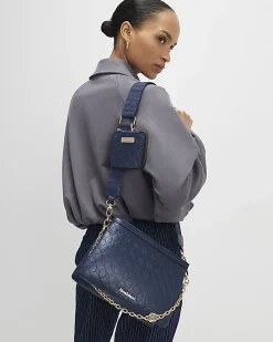 Navy Embossed Chain Front Cross Body Bag