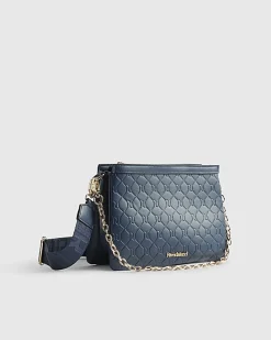 Navy Embossed Chain Front Cross Body Bag