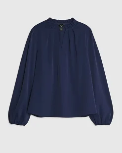 Navy Frill Trim Long Sleeve Top