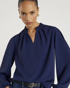 Navy Frill Trim Long Sleeve Top