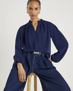 Navy Frill Trim Long Sleeve Top