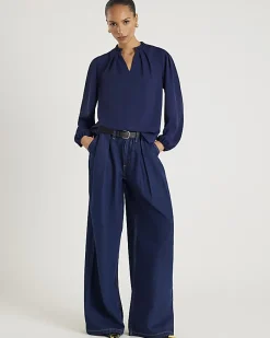 Navy Frill Trim Long Sleeve Top