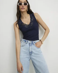 Navy Lace Trim Tank Top