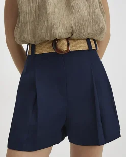 Navy Linen Blend Belted Shorts