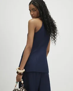 Navy Linen Blend Longline Waistcoat