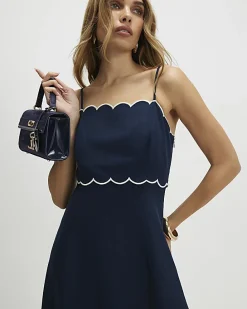 Navy Linen Blend Scallop Trim Midi Dress