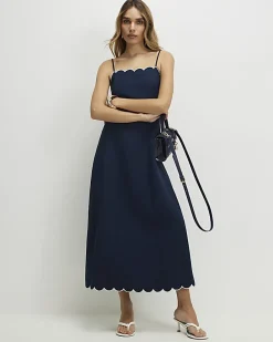 Navy Linen Blend Scallop Trim Midi Dress