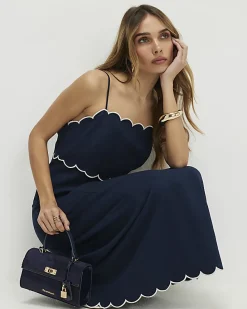 Navy Linen Blend Scallop Trim Midi Dress