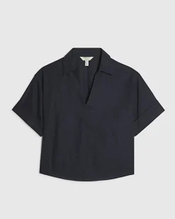 Navy Linen Blend Short Sleeve Shirt