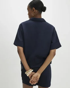 Navy Linen Blend Short Sleeve Shirt