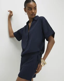Navy Linen Blend Skort