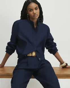 Navy Linen Blend Tailored Bomber Jacket