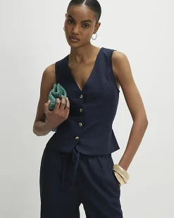 Navy Linen Blend Waistcoat