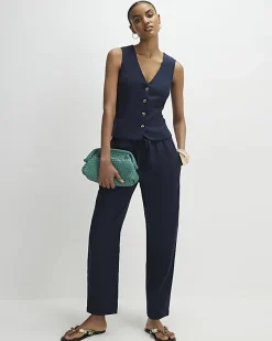Navy Linen Blend Waistcoat