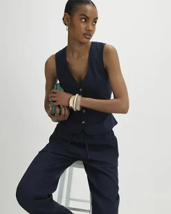 Navy Linen Blend Waistcoat