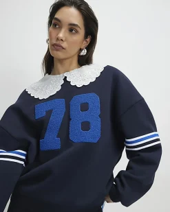 Navy Long Sleeve Collared Number Sweatshirt