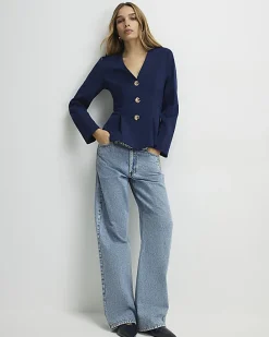 Navy Long Sleeve Pleated Jacket