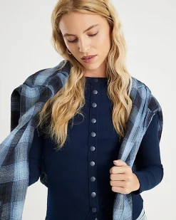 Navy Long Sleeve Popper Through Ribbed Top