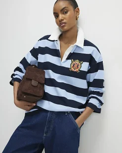 Navy Long Sleeve Striped Rugby Top