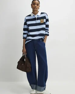 Navy Long Sleeve Striped Rugby Top
