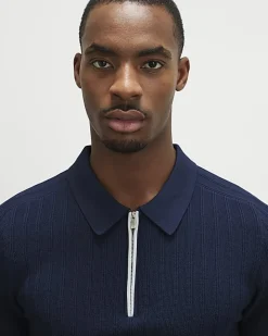 Navy Muscle Fit Ribbed Quarter Zip Polo Shirt